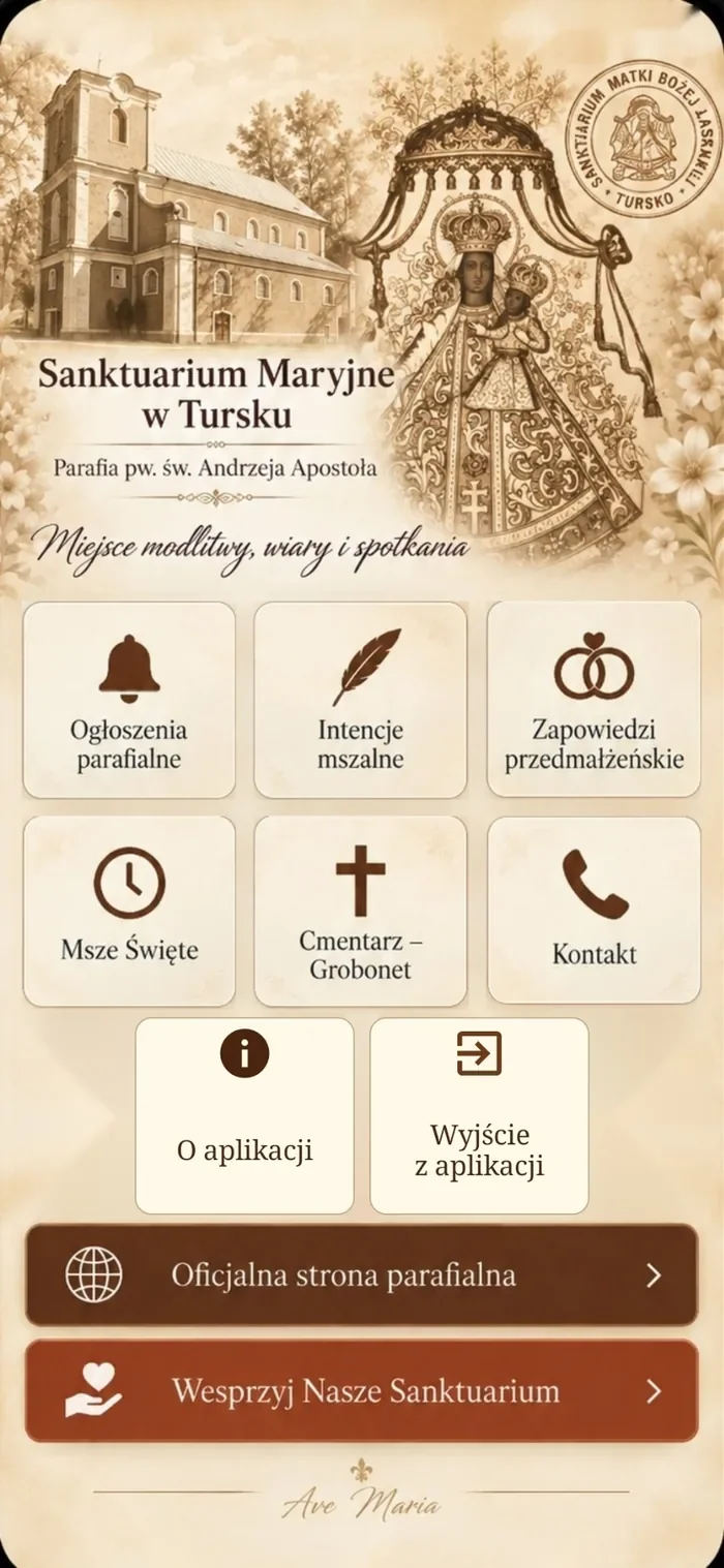 Zrzut ekranu aplikacji Sanktuarium Maryjne w Tursku